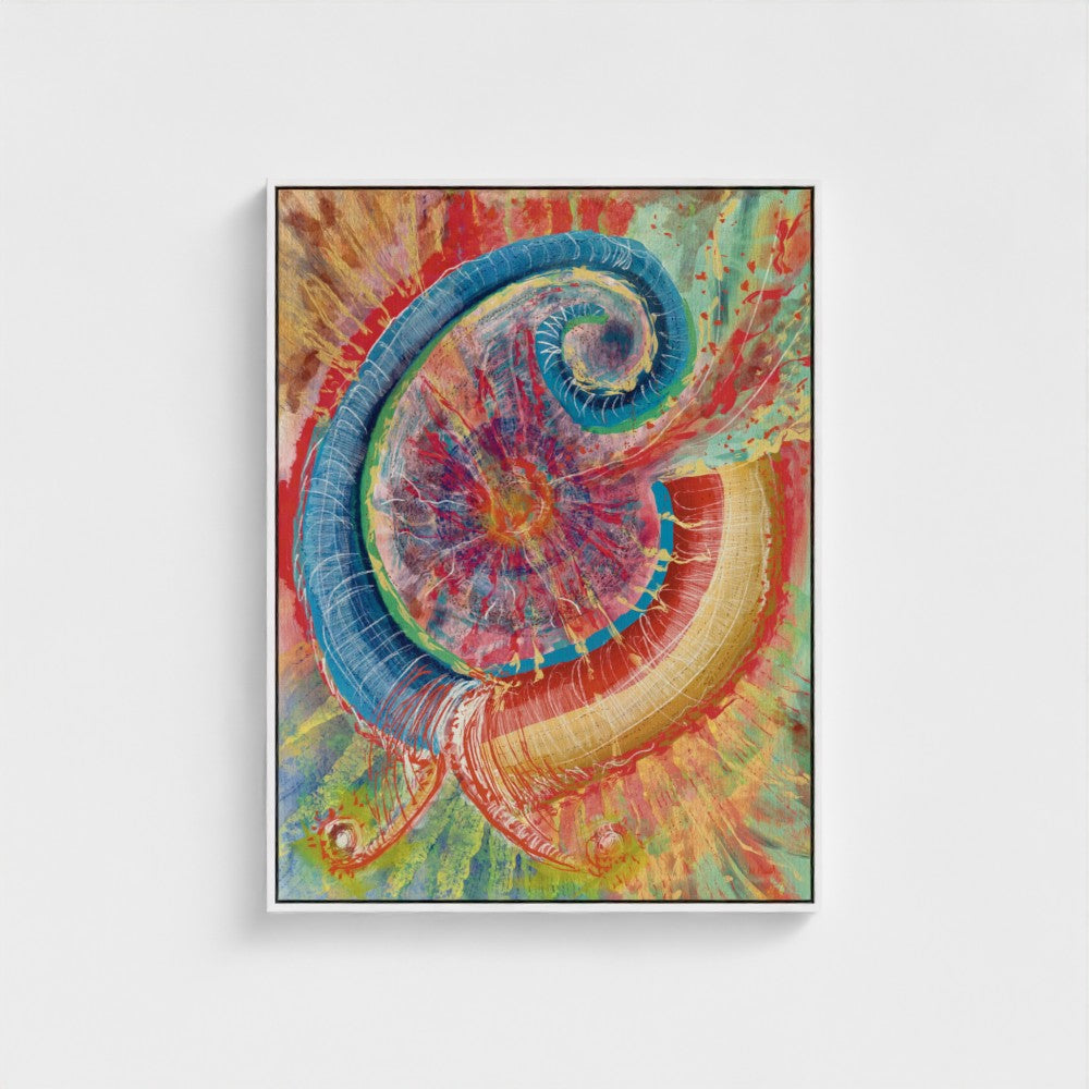 Colorful abstract spiral art piece on a white background