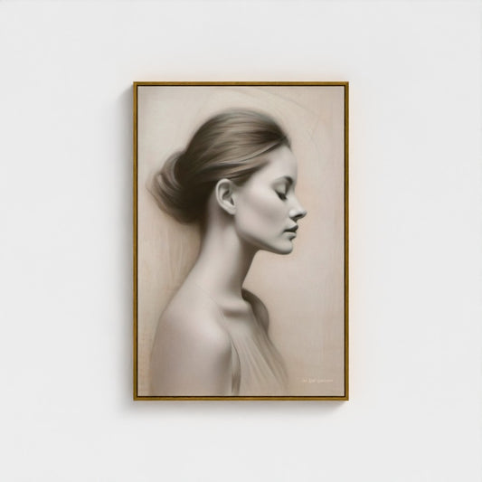 Framed artwork of a woman's profile on a white wall