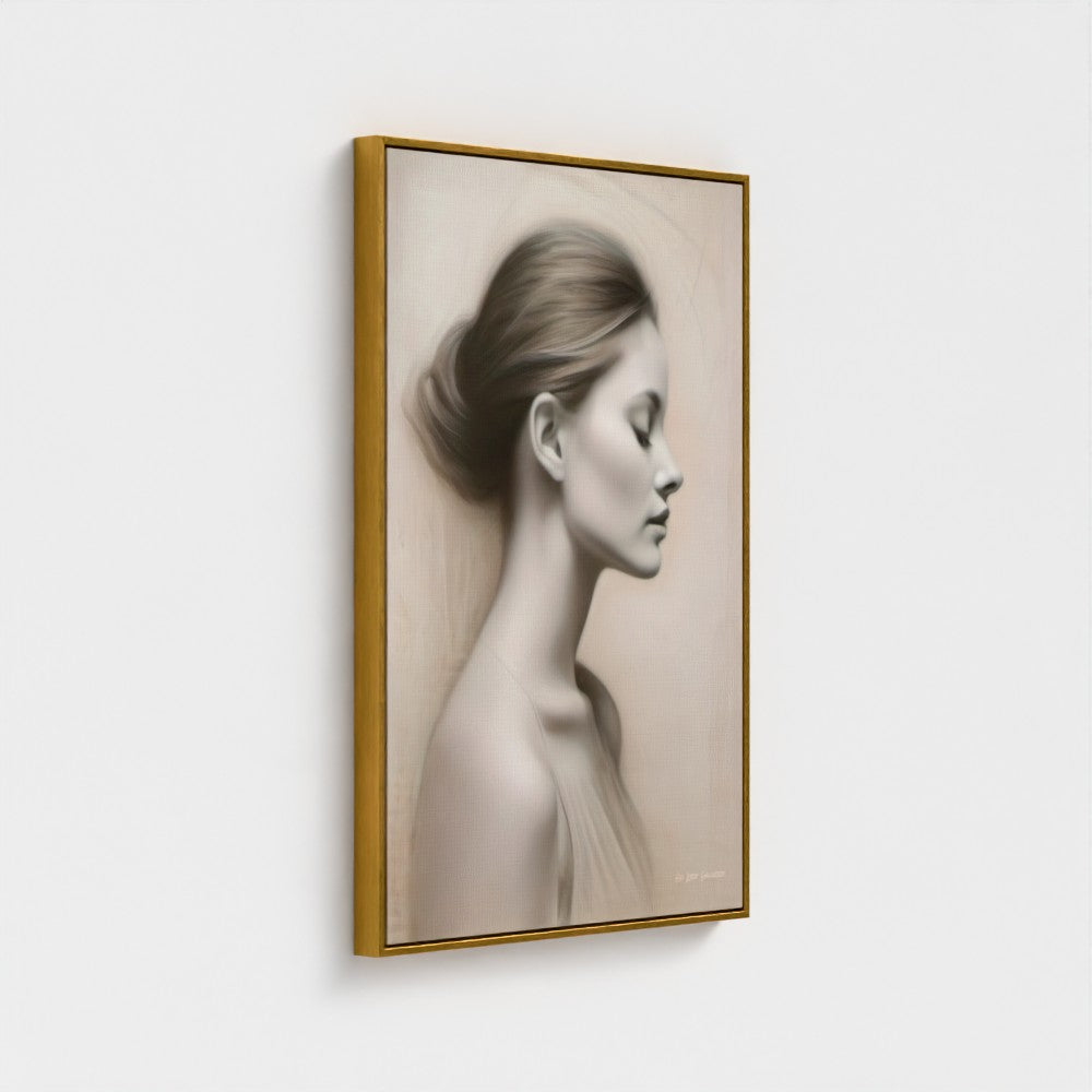 Framed artwork of a woman's profile on a light gray background