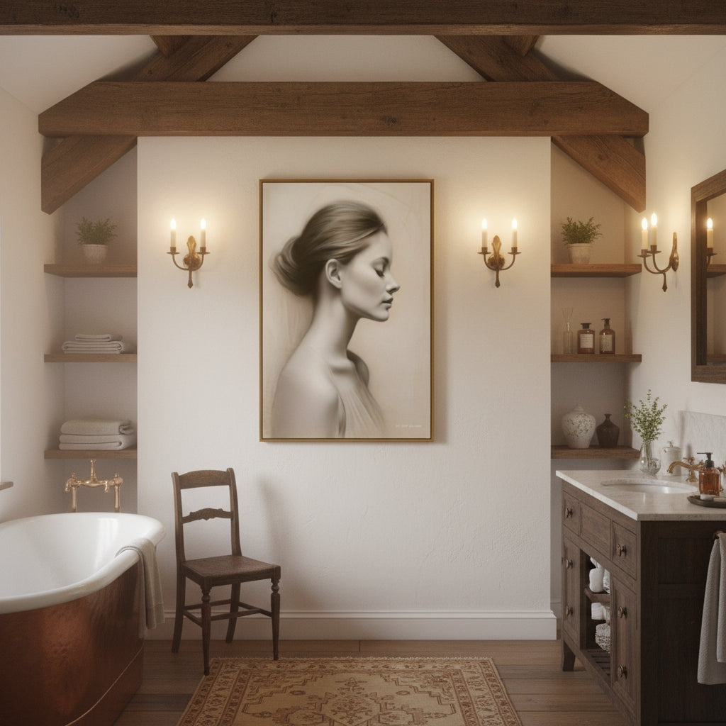 Bathroom interior with a large framed portrait on the wall, wooden chair, and freestanding bathtub.