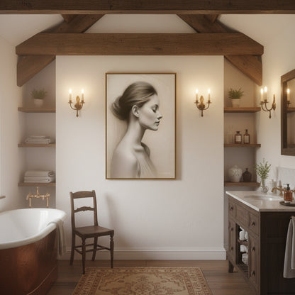 Bathroom interior with a large framed portrait on the wall, wooden chair, and freestanding bathtub.