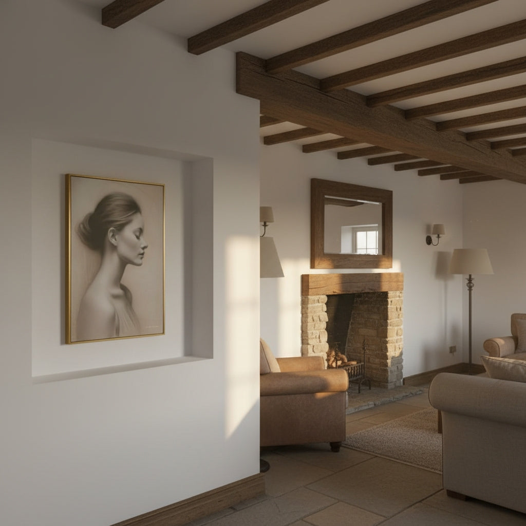 Living room with a fireplace, sofa, and wall art