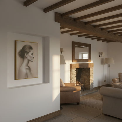 Living room with a fireplace, sofa, and wall art