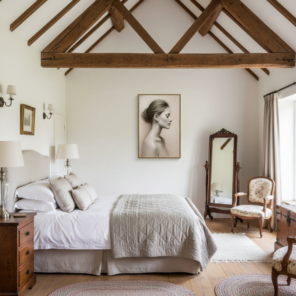 Neatly made bed in a bedroom with wooden beams on the ceiling, a mirror, and a chair.