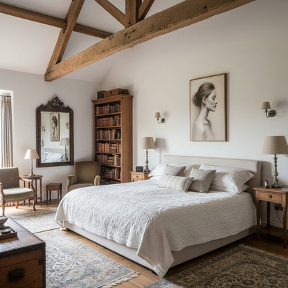 Cozy bedroom with wooden beams, bookshelf, and framed artwork.