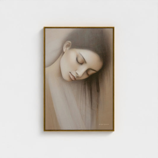 Framed artwork of a woman with long hair on a white wall