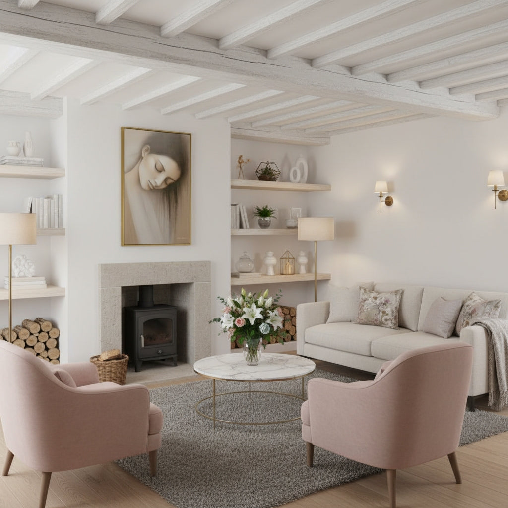 Cozy living room with pink chairs, white sofa, and decorative elements.