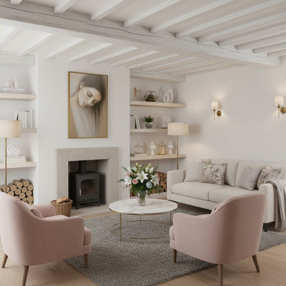 Cozy living room with pink chairs, white sofa, and decorative elements.