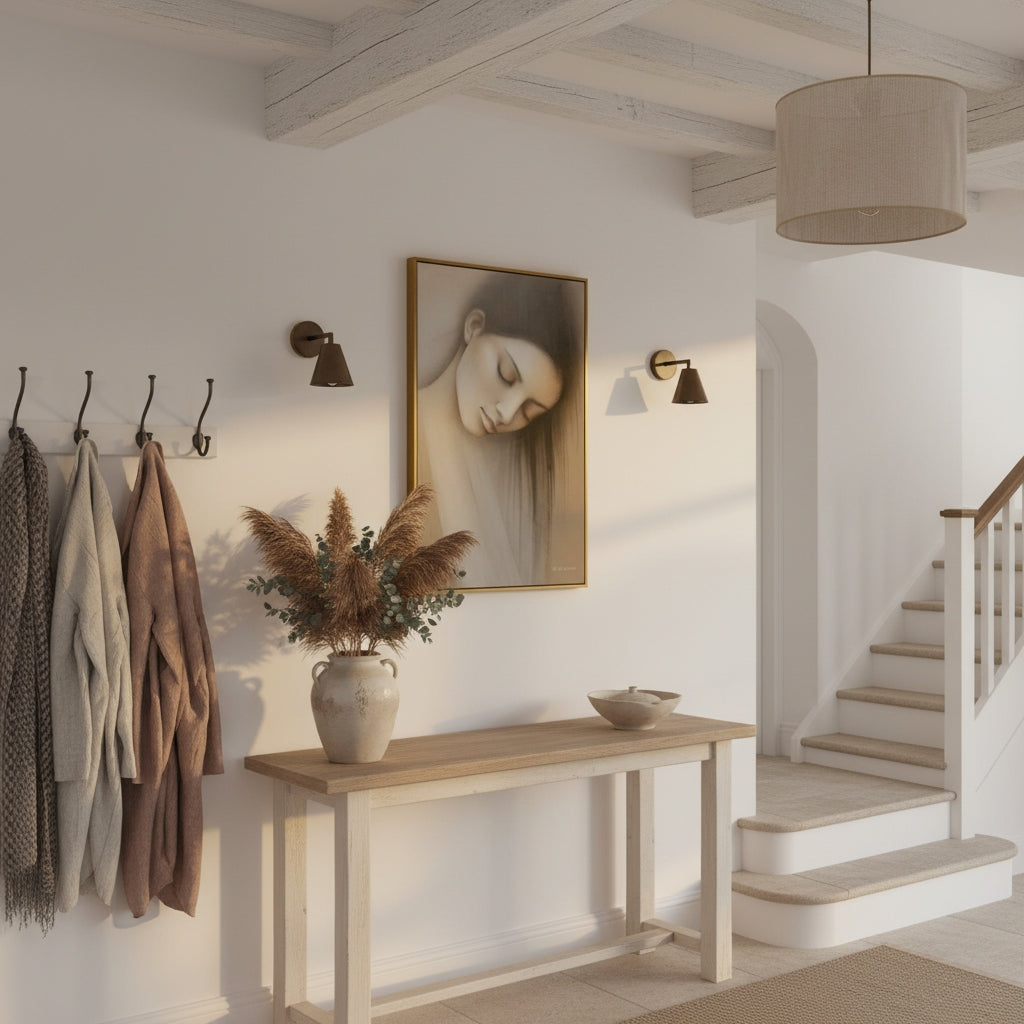 Nest interior design with wooden console table, coat rack, and staircase.