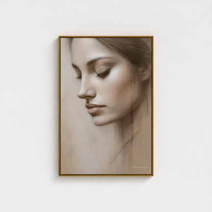 Framed artwork of a woman's portrait on a white wall