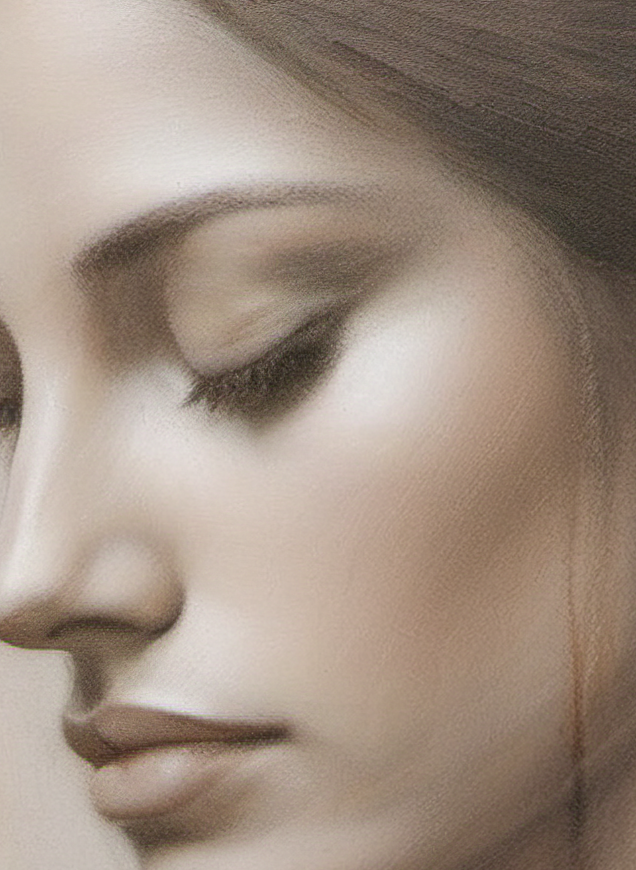 Close-up of a woman's face with soft lighting and neutral tones
