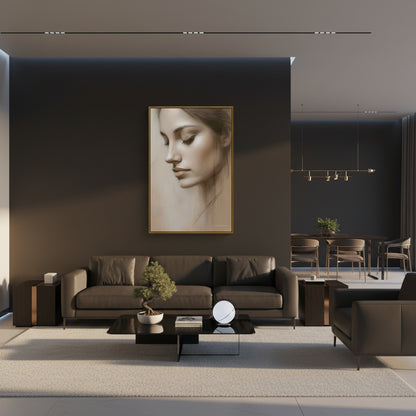 Modern living room with a large wall art piece of a woman's face.