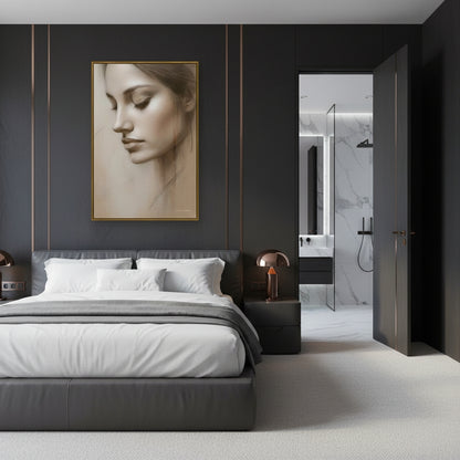 Modern bedroom with a large bed, wall art, and open bathroom.