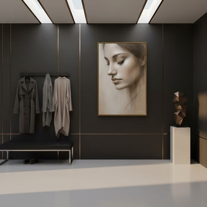 Modern interior with a portrait on the wall, coat rack, and bench.