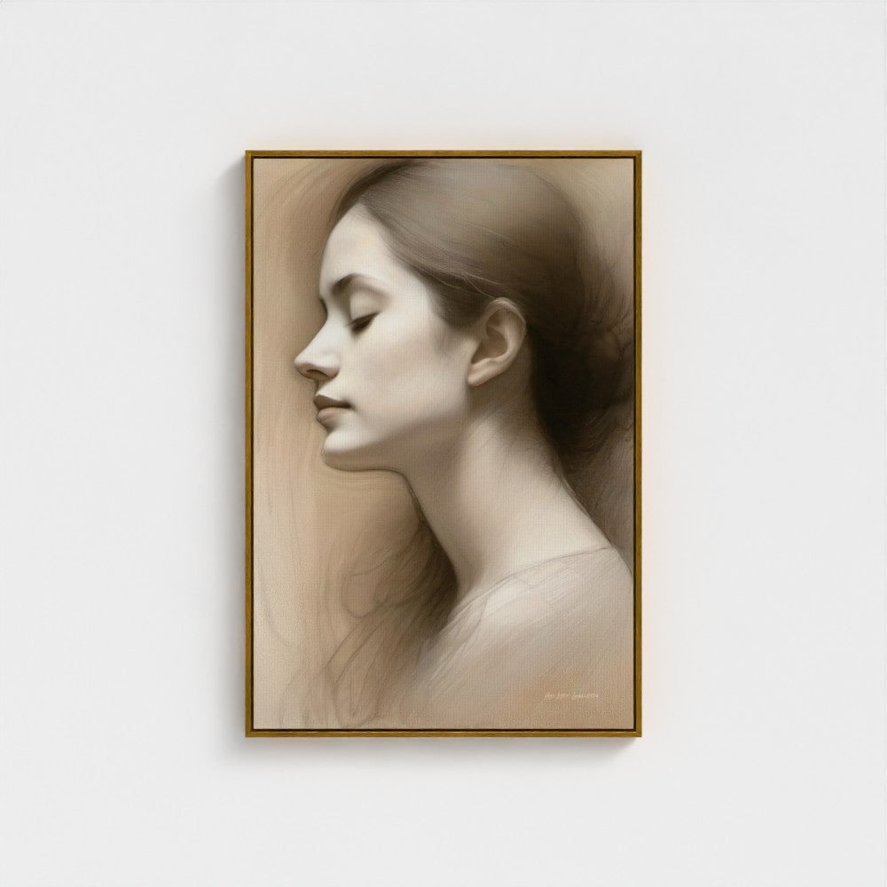 Framed portrait of a woman with long hair on a white background