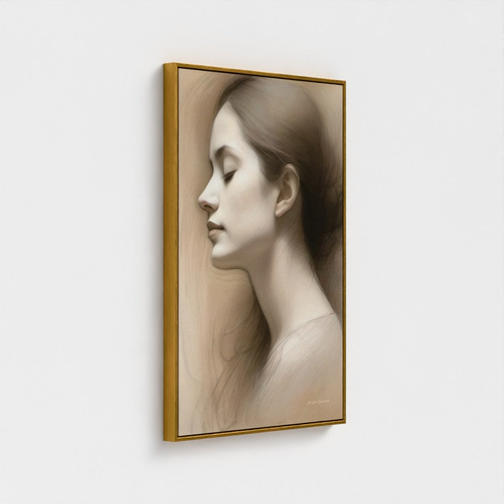 Framed portrait of a woman's profile on a white wall