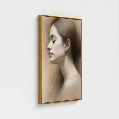 Framed portrait of a woman's profile on a white wall