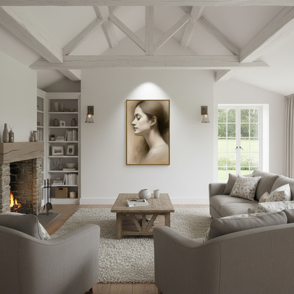 Living room with gray sofas, a wooden coffee table, and a fireplace.