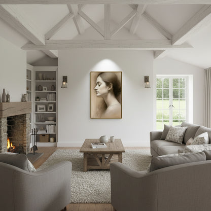 Living room with gray sofas, a wooden coffee table, and a fireplace.