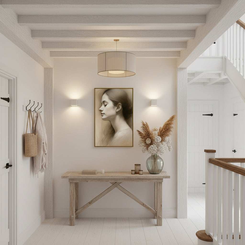 Narrow hallway with wooden table, decorative vase, and wall art.