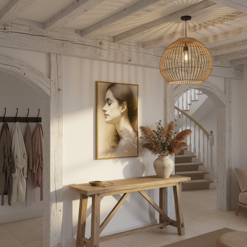 Nestled interior with wooden bench, decorative vase, and framed artwork on a white wall.