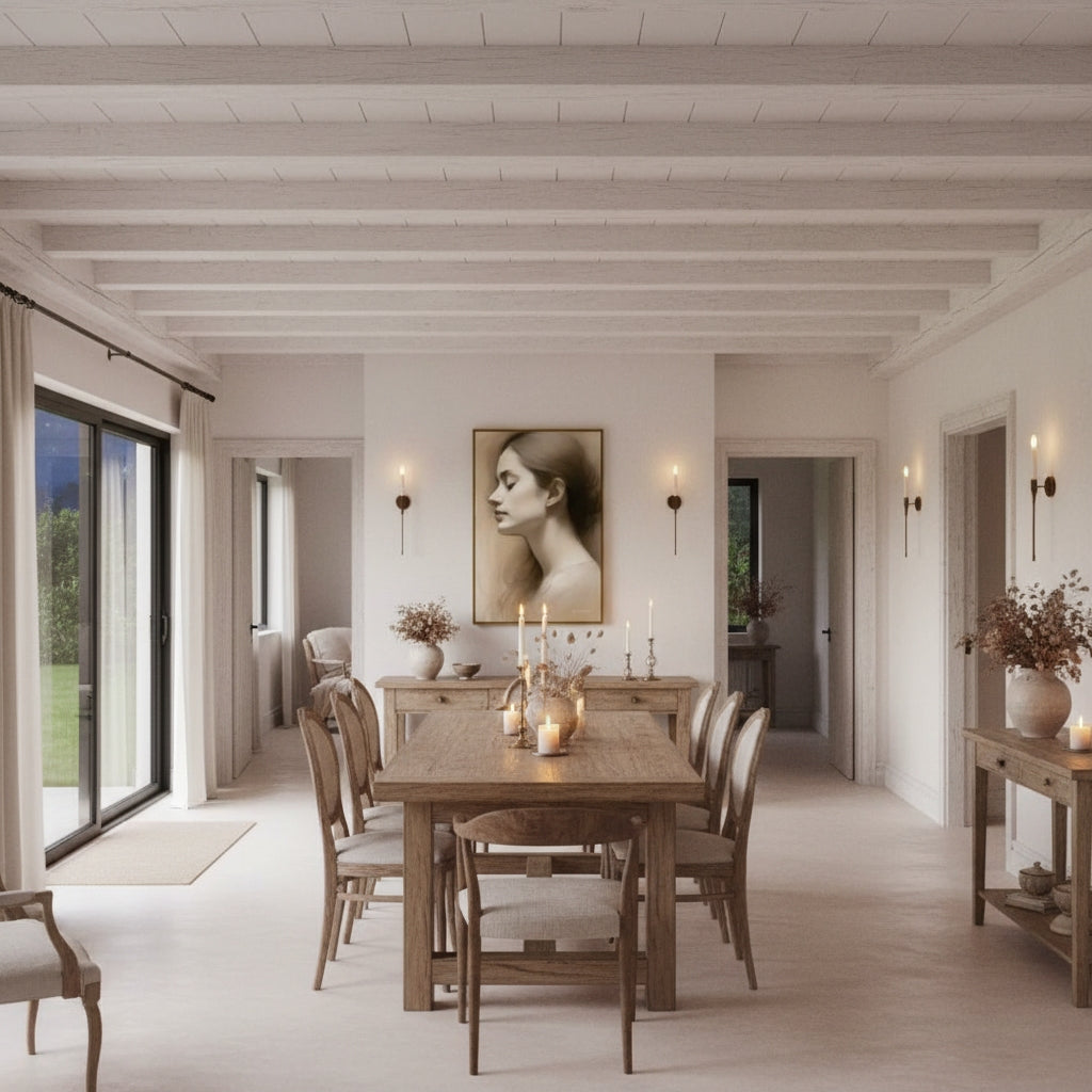 Modern dining room with wooden table and chairs, large window, and artwork on the wall.