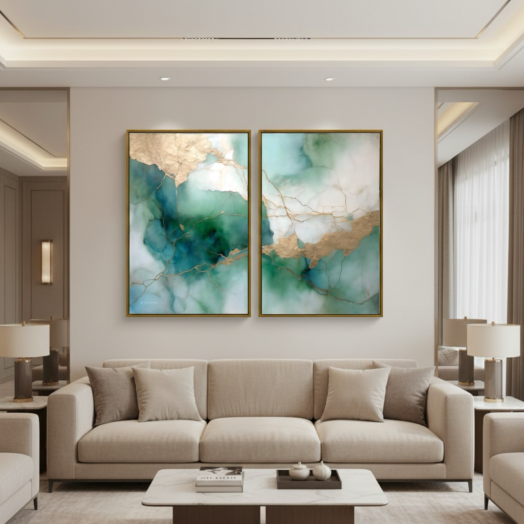 Modern living room with a beige sofa and two abstract paintings on the wall.