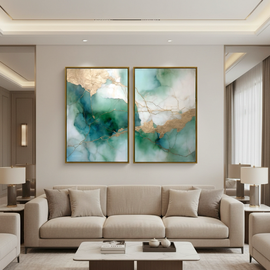 Modern living room with a beige sofa and two abstract paintings on the wall.