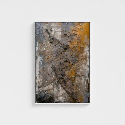 Abstract art piece with brown, gray, and yellow tones on a white background