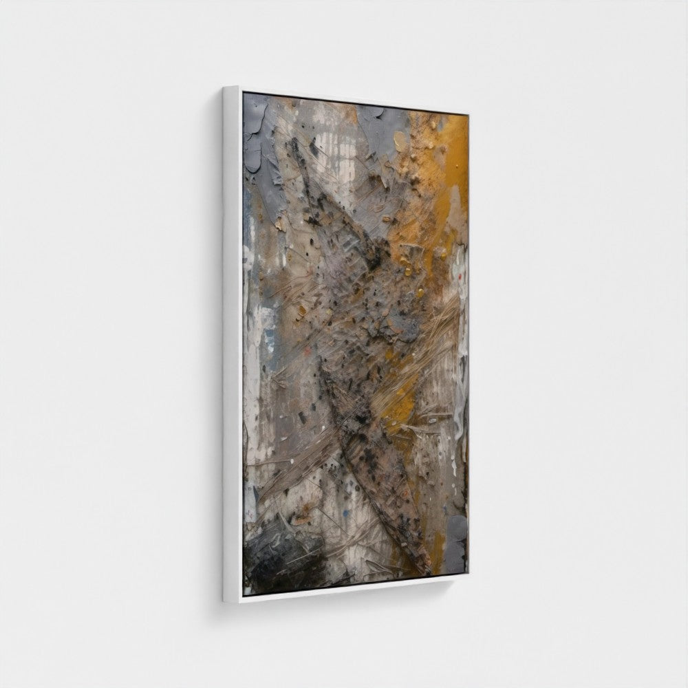 Abstract art painting with gold and gray tones on a white background