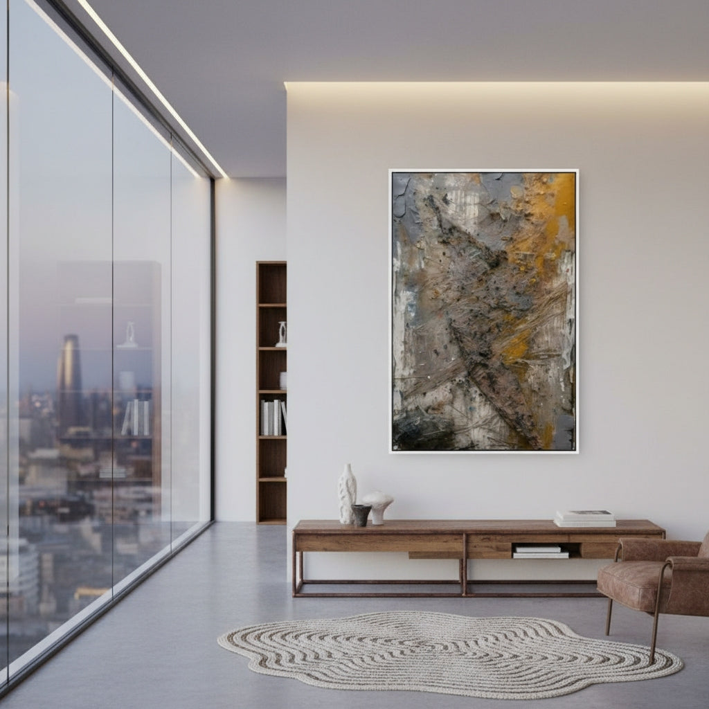 Modern living room with abstract art, bookshelf, and cityscape view.
