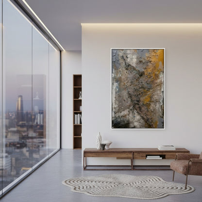 Modern living room with abstract art, bookshelf, and cityscape view.