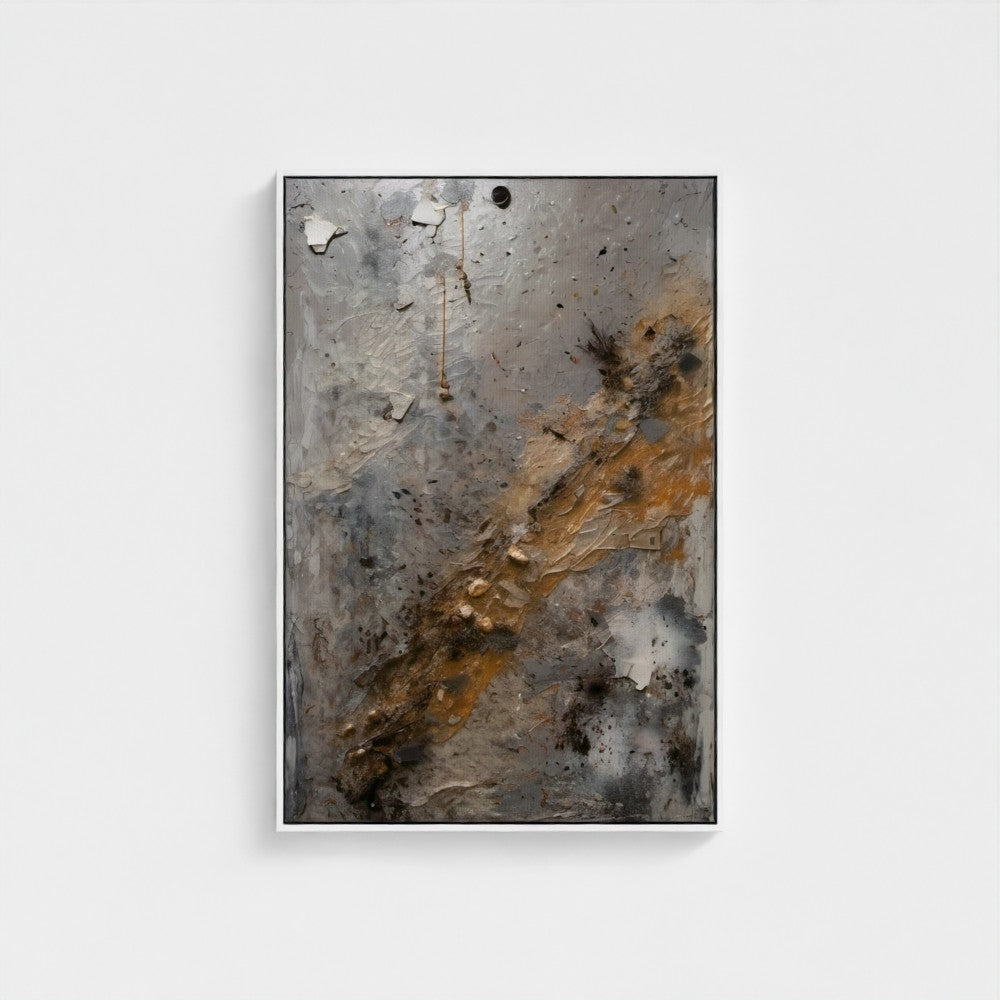 Abstract art piece with metallic textures on a white background