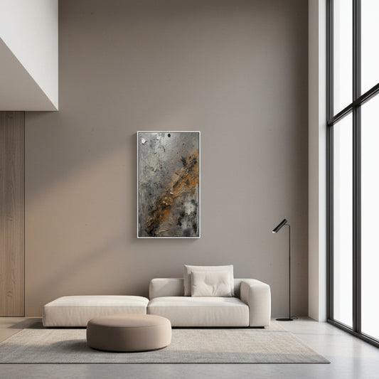Modern living room with a neutral color scheme, featuring a sofa, ottoman, and abstract painting on the wall.