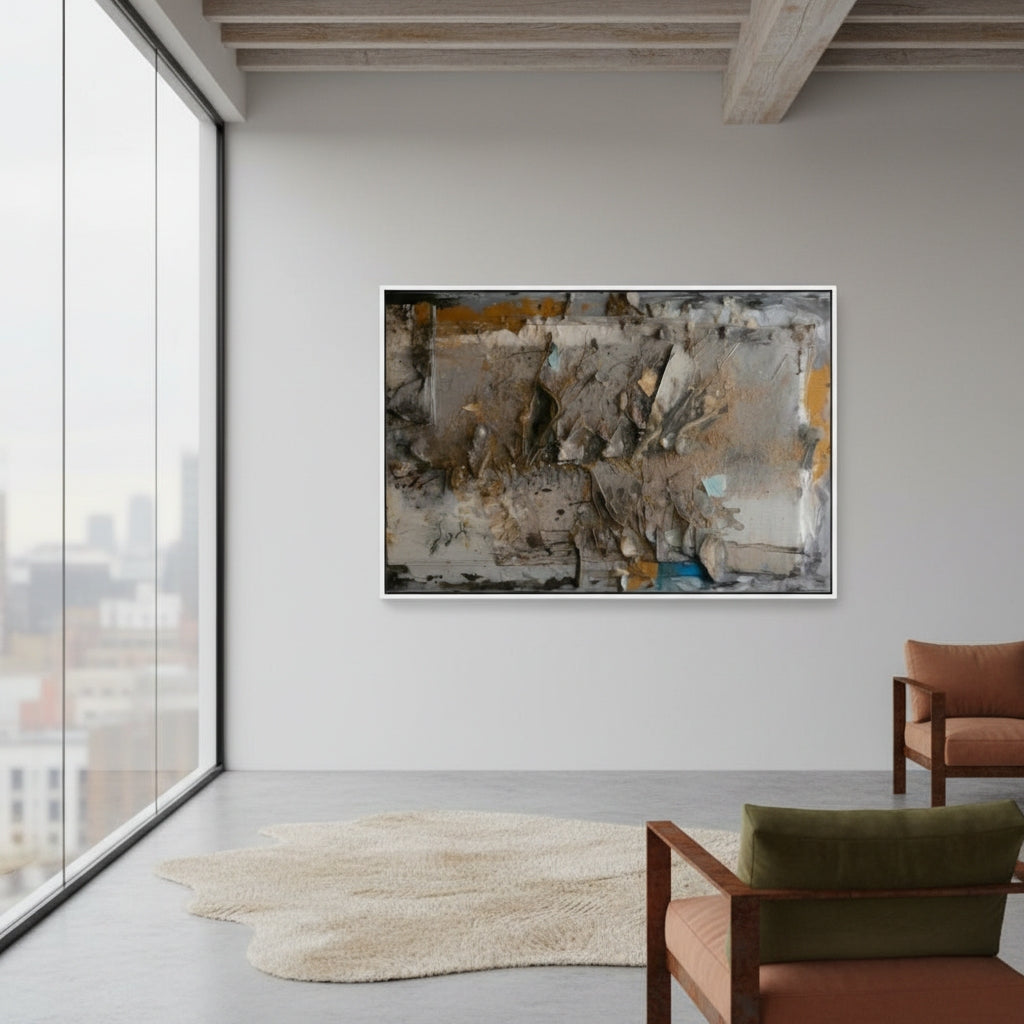 Abstract painting on a wall in a modern living room with a cityscape view.