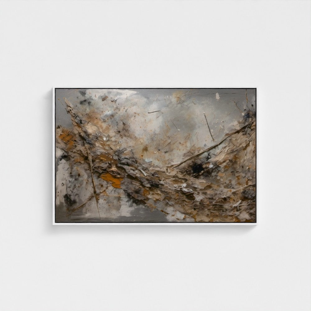 Abstract painting with earthy tones on a white wall