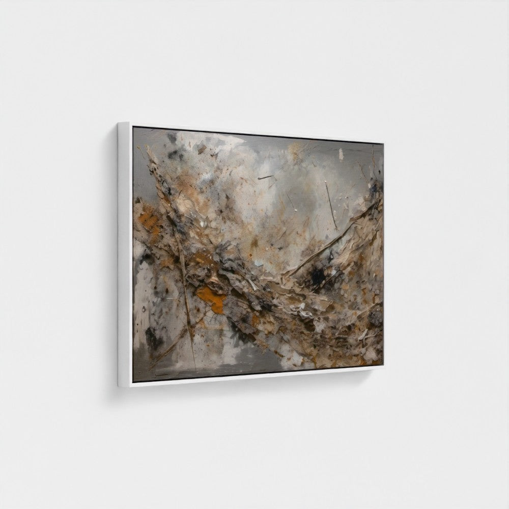 Abstract art piece with earthy tones on a white wall