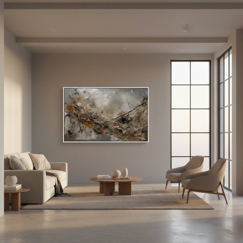 Modern living room with abstract art on the wall, sofa, and chairs.