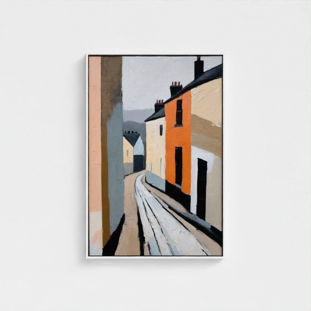 Framed artwork of a stylized street scene with houses on a white background