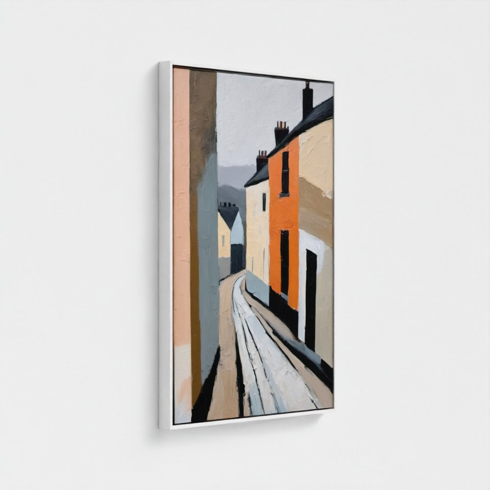 Framed artwork of a stylized street scene with houses on a white background