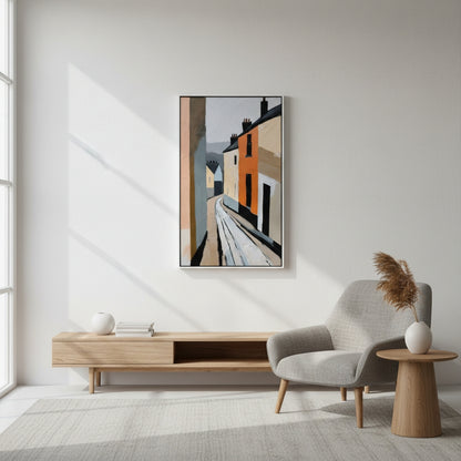 Modern living room with a gray armchair, wooden side table, and abstract painting on the wall.