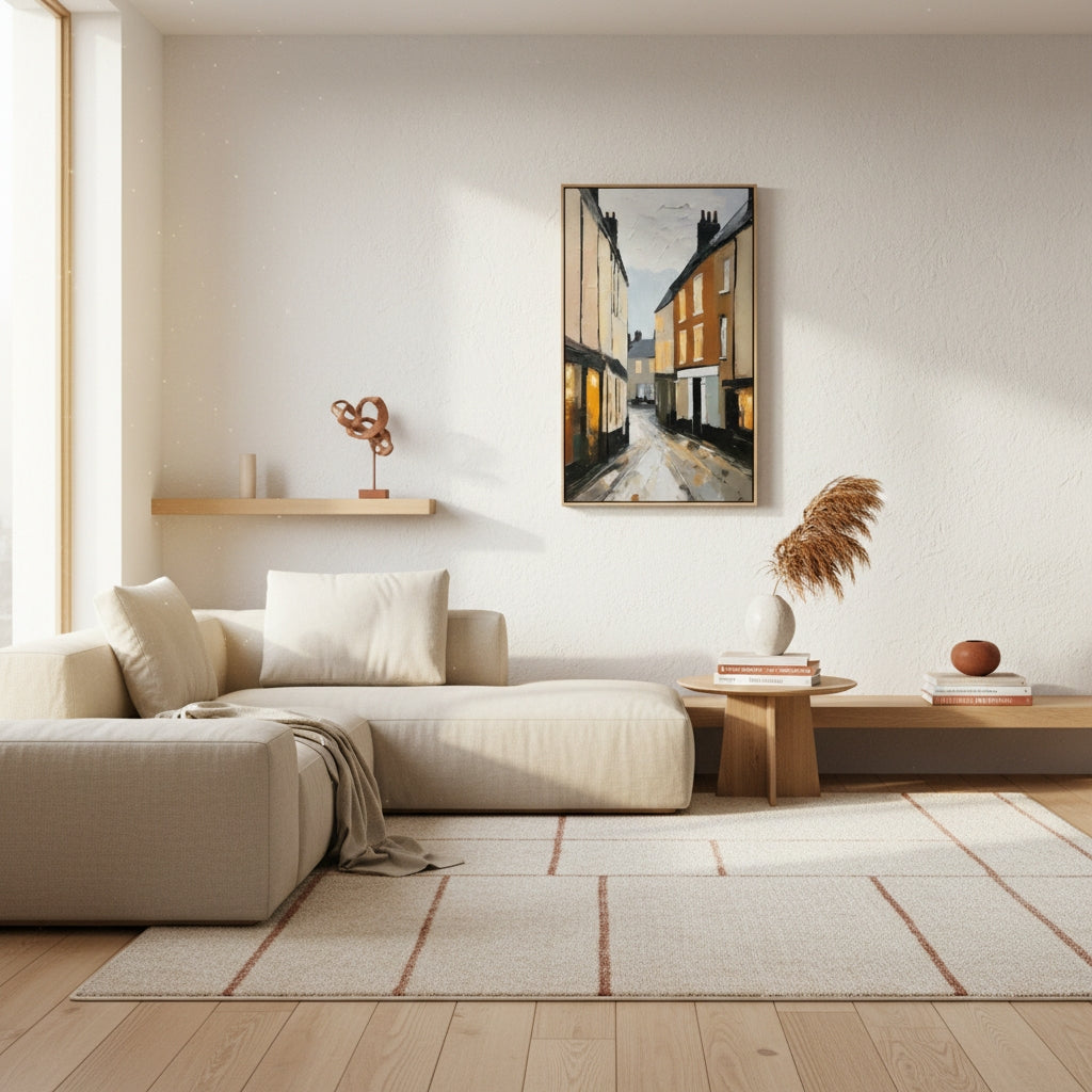 Modern living room with a beige sofa, wooden coffee table, and wall art.