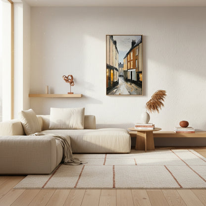 Modern living room with a beige sofa, wooden coffee table, and wall art.