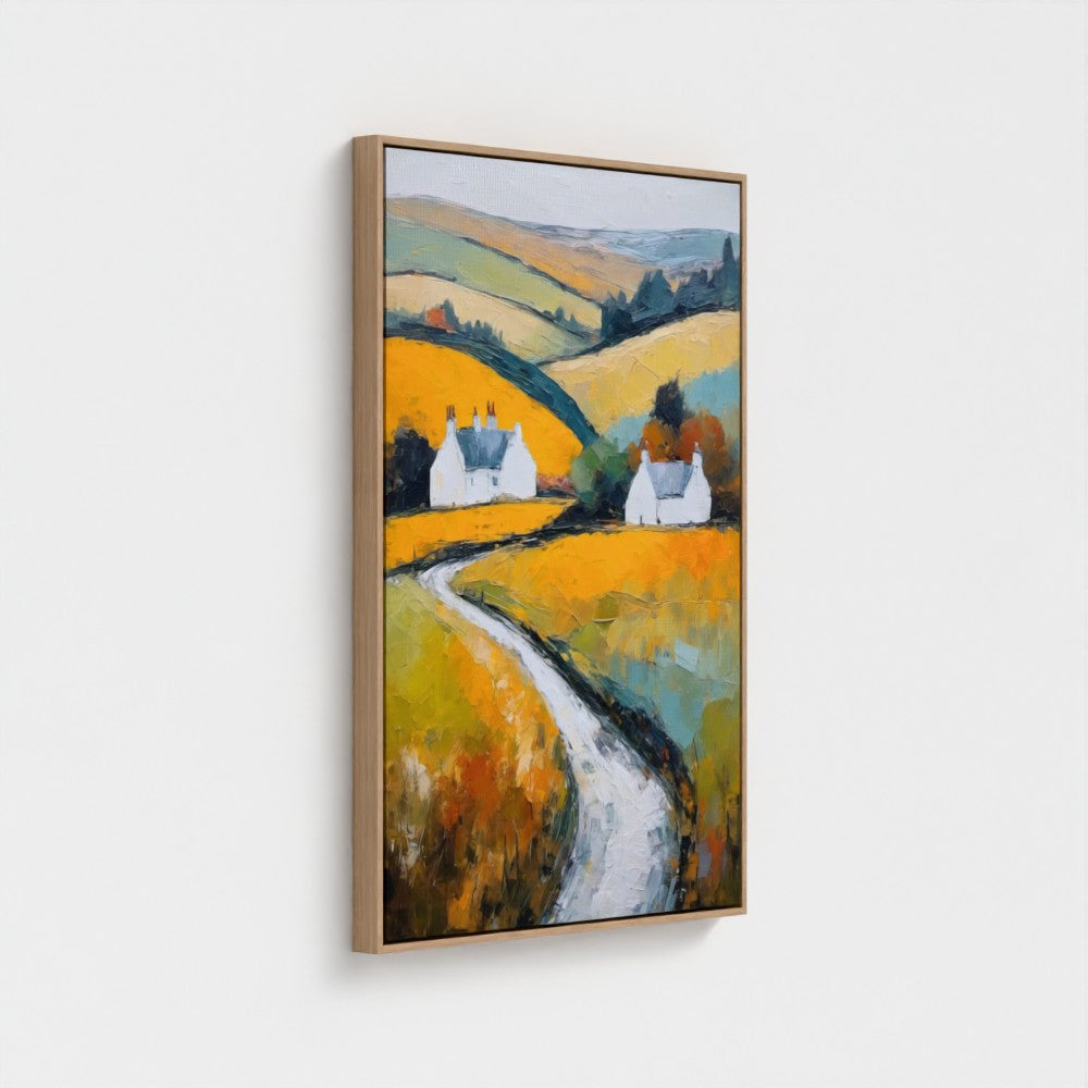 Framed painting of a landscape with houses and a path on a white background