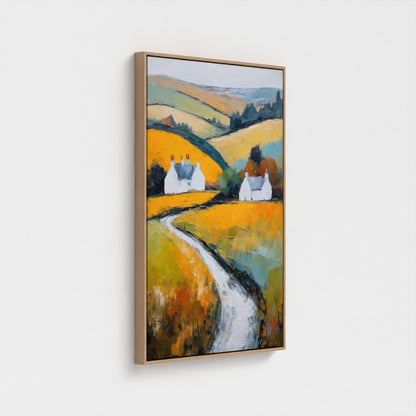 Framed painting of a landscape with houses and a path on a white background