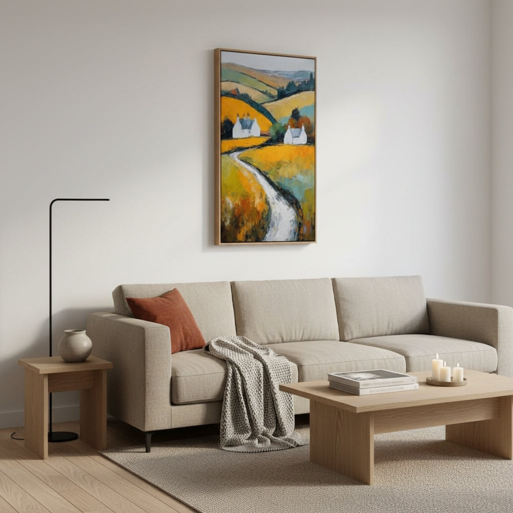 Modern living room with a beige sofa, wooden coffee table, and abstract painting on the wall.