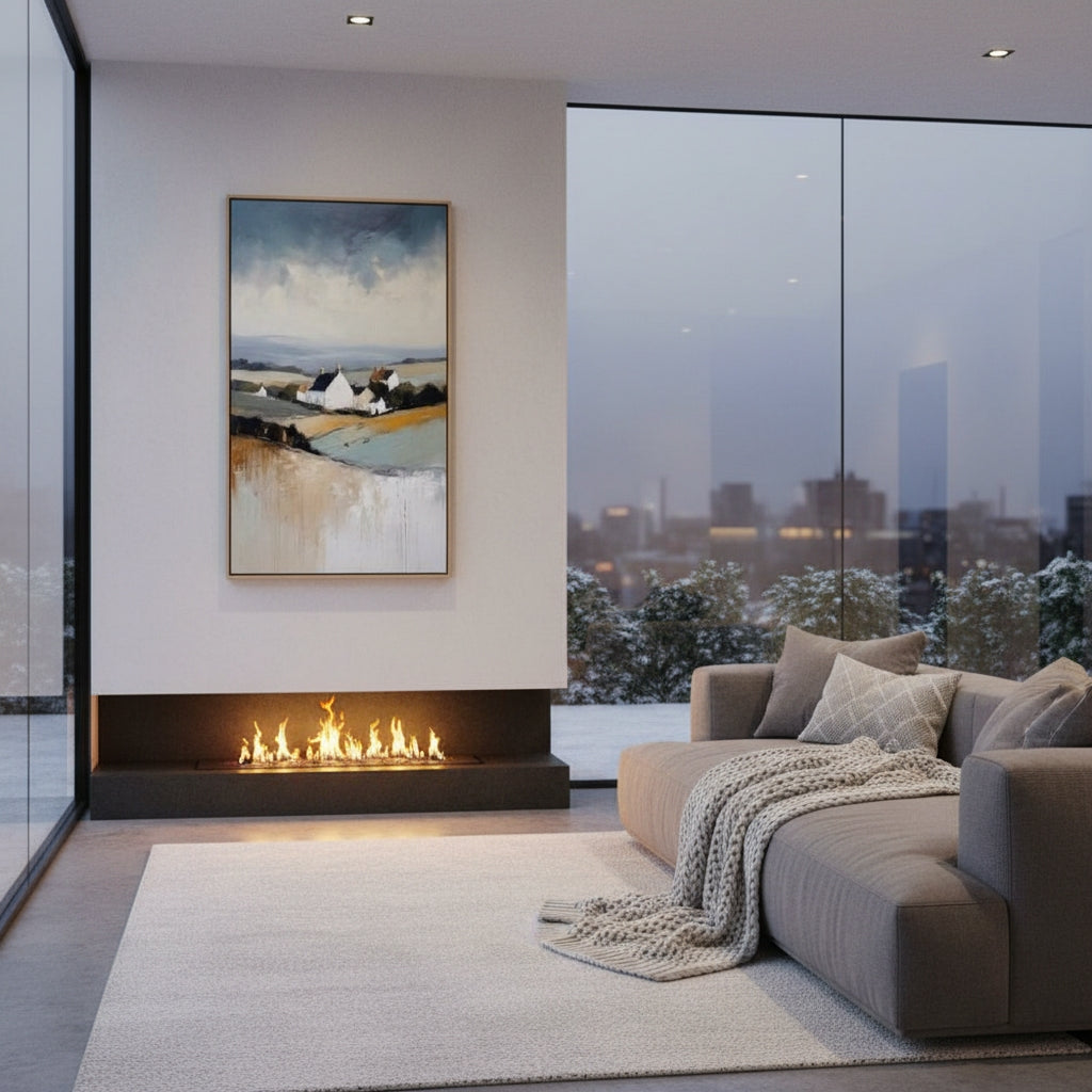 Modern living room with fireplace, sofa, and cityscape view
