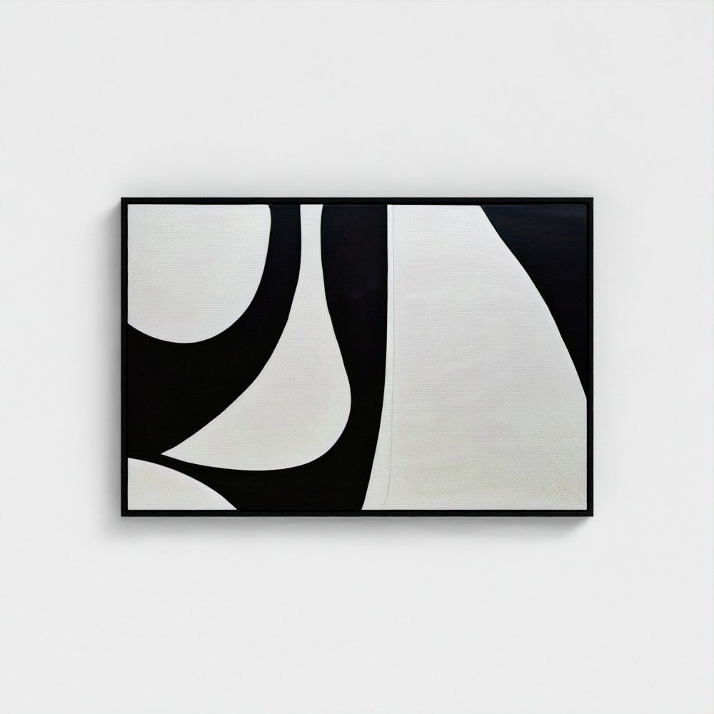 Abstract black and white artwork on a light gray background