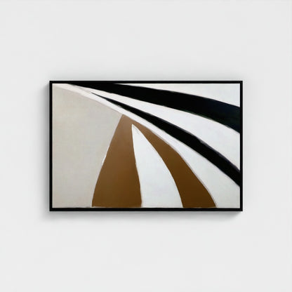 Abstract art piece with black, brown, and white colors on a light gray background