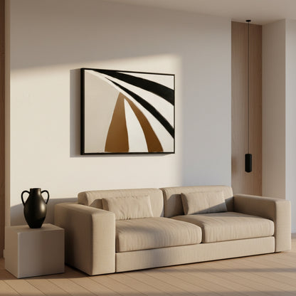 Beige sofa in a living room with abstract art on the wall